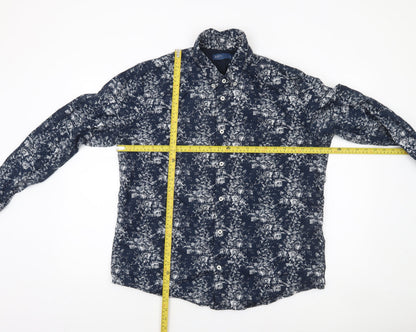 EASY Men's Blue Floral Long Sleeve Button-Up Shirt XL