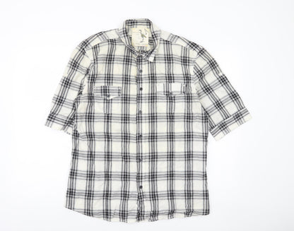 River Island Men's Black Check Button-Up Shirt 3/4 Sleeve Size L