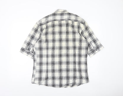 River Island Men's Black Check Button-Up Shirt 3/4 Sleeve Size L