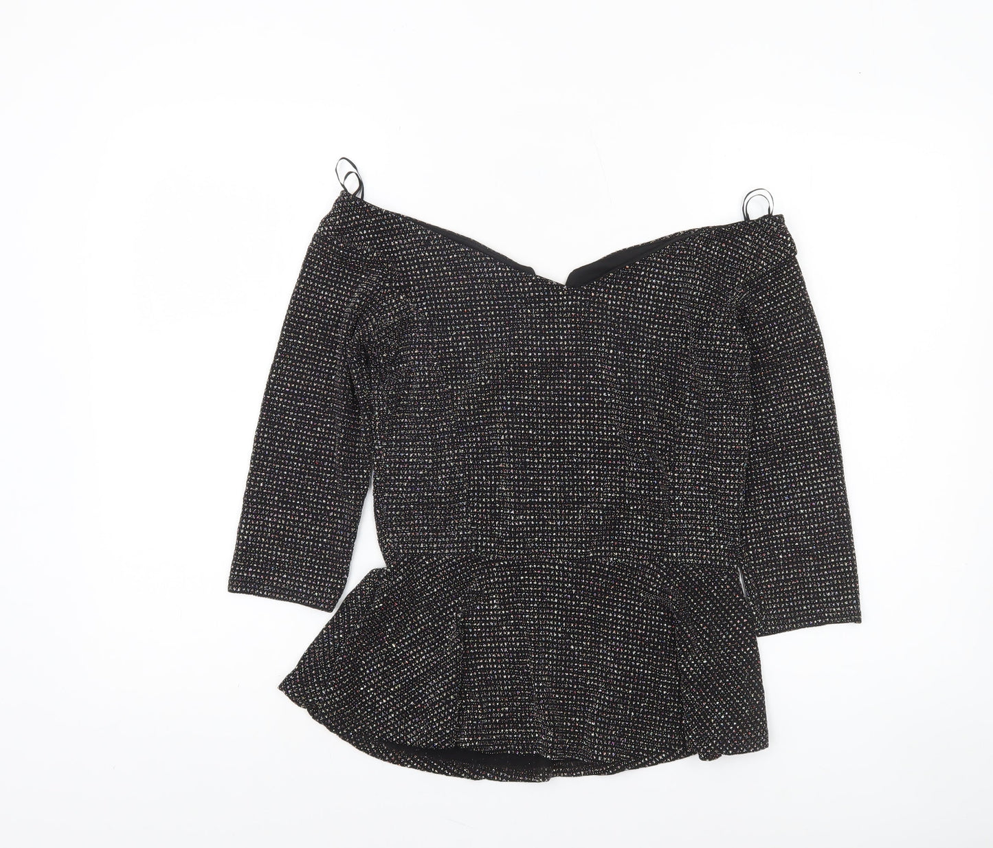 Quiz Women’s Black Glitter Off Shoulder Peplum Wrap Blouse UK 12