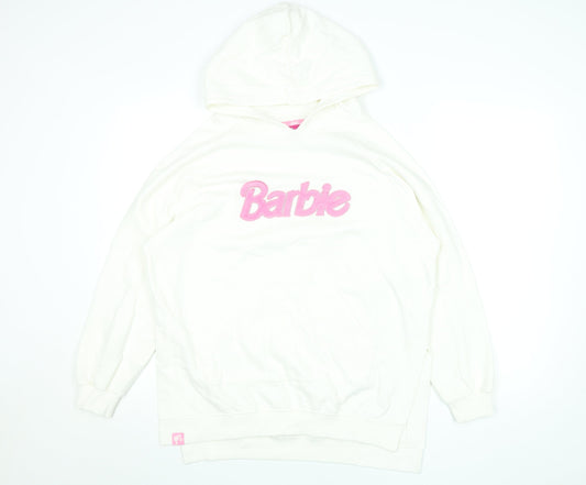 Barbie Women’s Ivory Pullover Hoodie Small – Logo Embroidered Cotton Blend