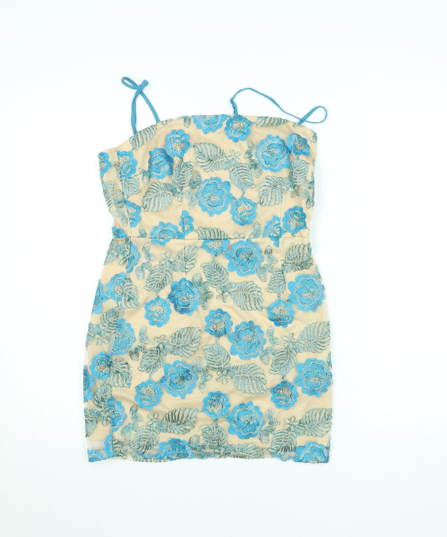 Boohoo Women’s Beige Blue Floral Embroidered Bodycon Dress Size 10