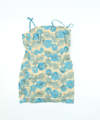 Boohoo Women’s Beige Blue Floral Embroidered Bodycon Dress Size 10