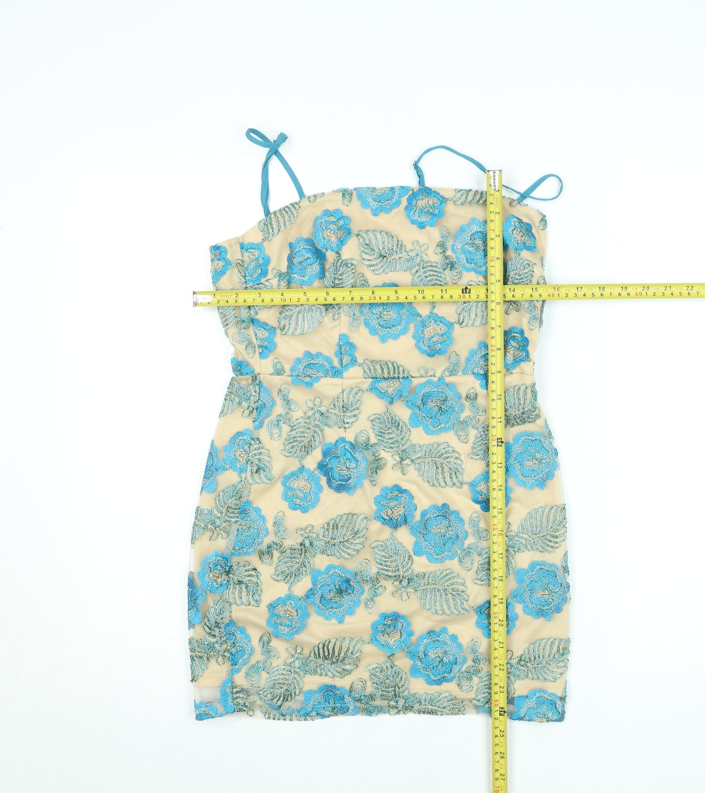 Boohoo Women’s Beige Blue Floral Embroidered Bodycon Dress Size 10