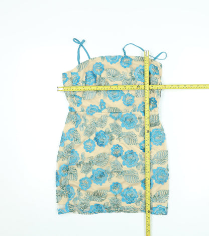 Boohoo Women’s Beige Blue Floral Embroidered Bodycon Dress Size 10