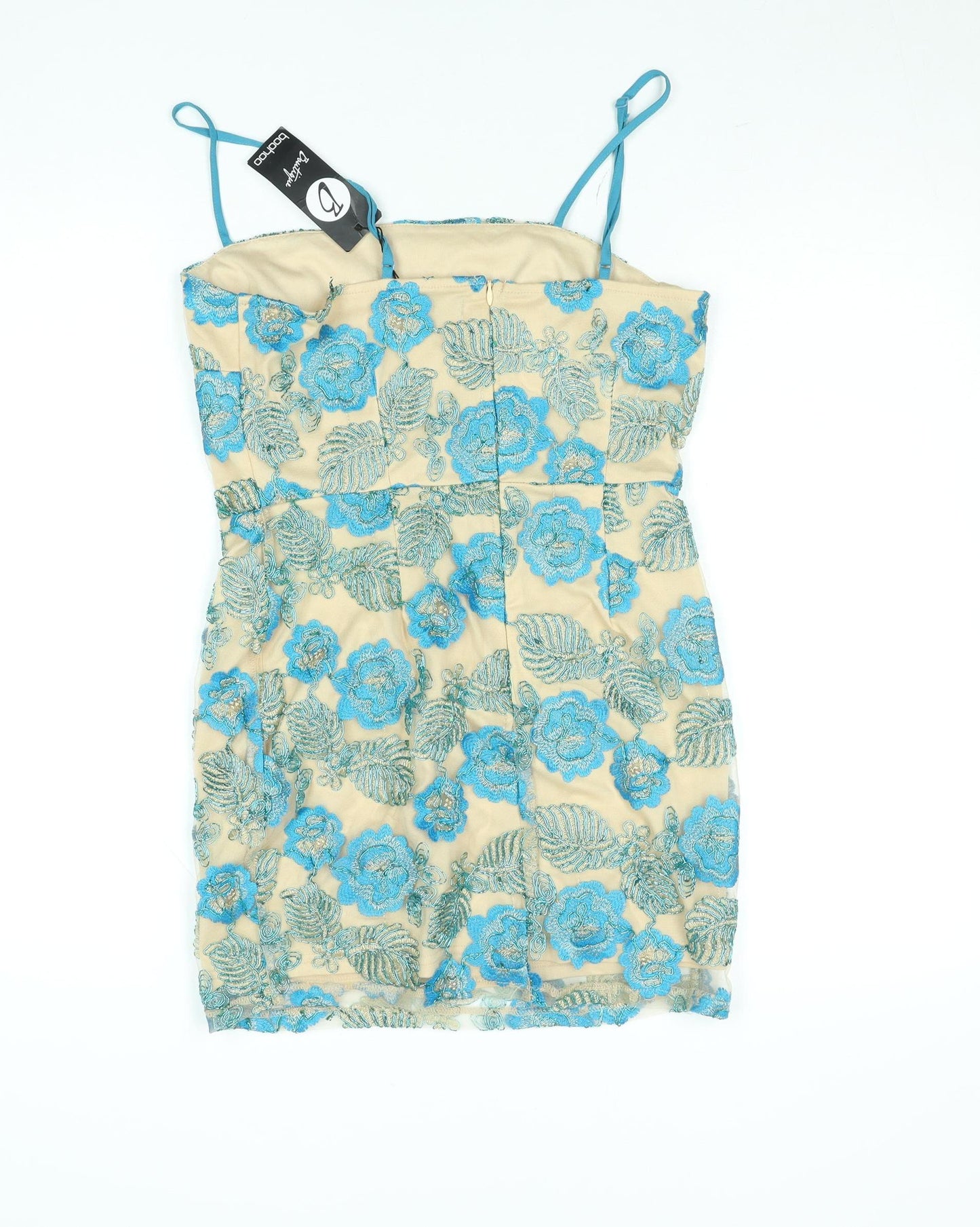 Boohoo Women’s Beige Blue Floral Embroidered Bodycon Dress Size 10