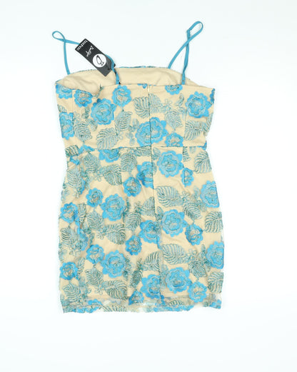 Boohoo Women’s Beige Blue Floral Embroidered Bodycon Dress Size 10