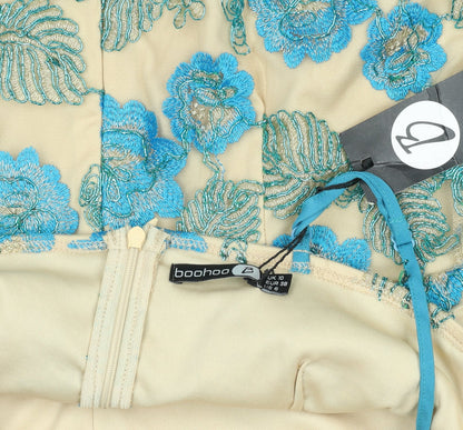 Boohoo Women’s Beige Blue Floral Embroidered Bodycon Dress Size 10