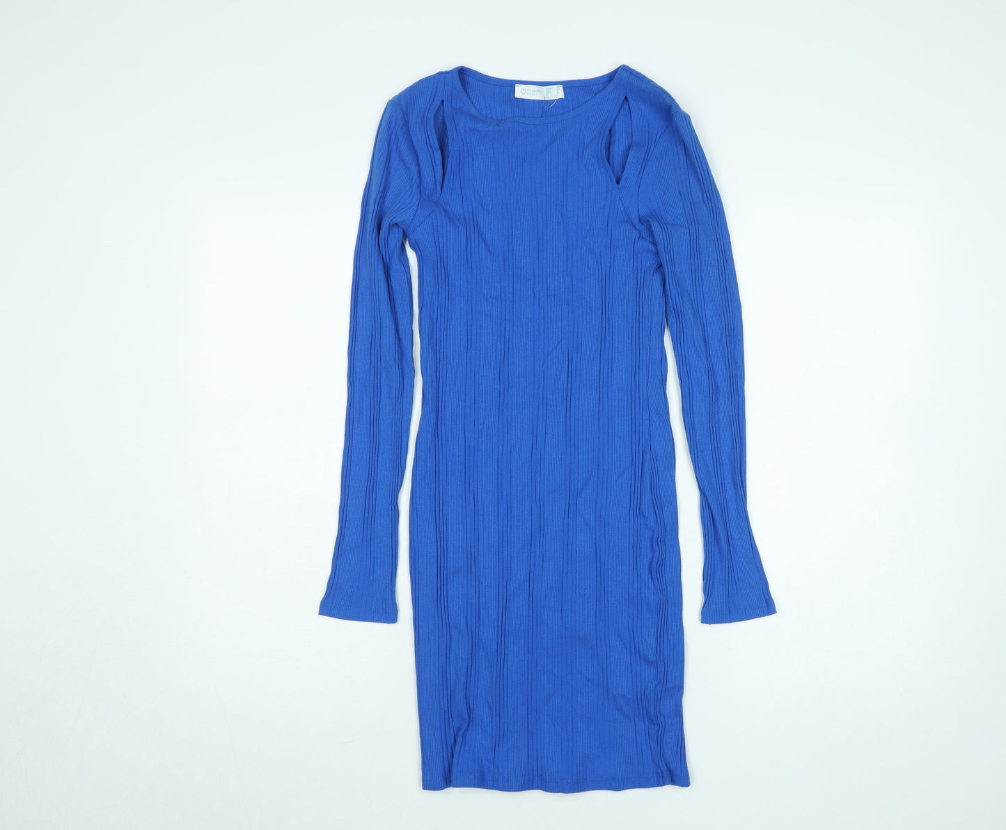 Primark Women Blue Cotton Bodycon Ribbed Long Sleeve Dress Size 10