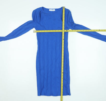 Primark Women Blue Cotton Bodycon Ribbed Long Sleeve Dress Size 10