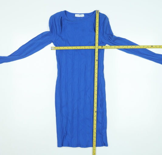 Primark Women Blue Cotton Bodycon Ribbed Long Sleeve Dress Size 10