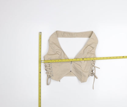 PrettyLittleThing Womens Beige Cropped Lace Up Zip Blouse Size 12