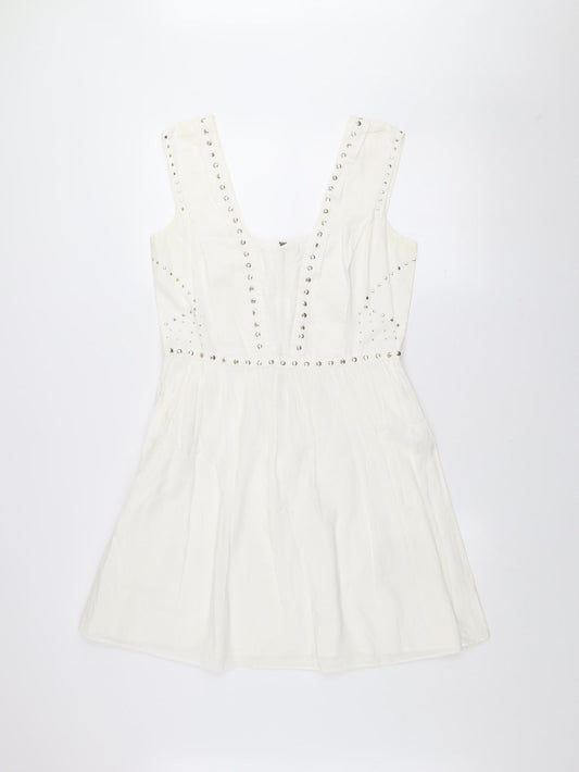 Oasis Women's White Studded A-Line Sleeveless Cotton Dress Size 12