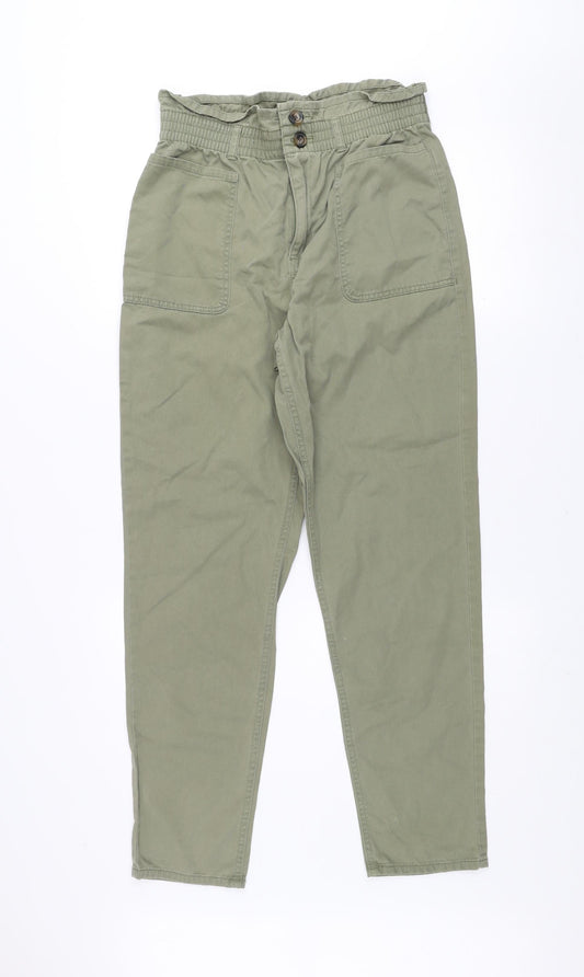F&F Women’s Green Paperbag High Waist Cotton Tapered Trousers UK 10