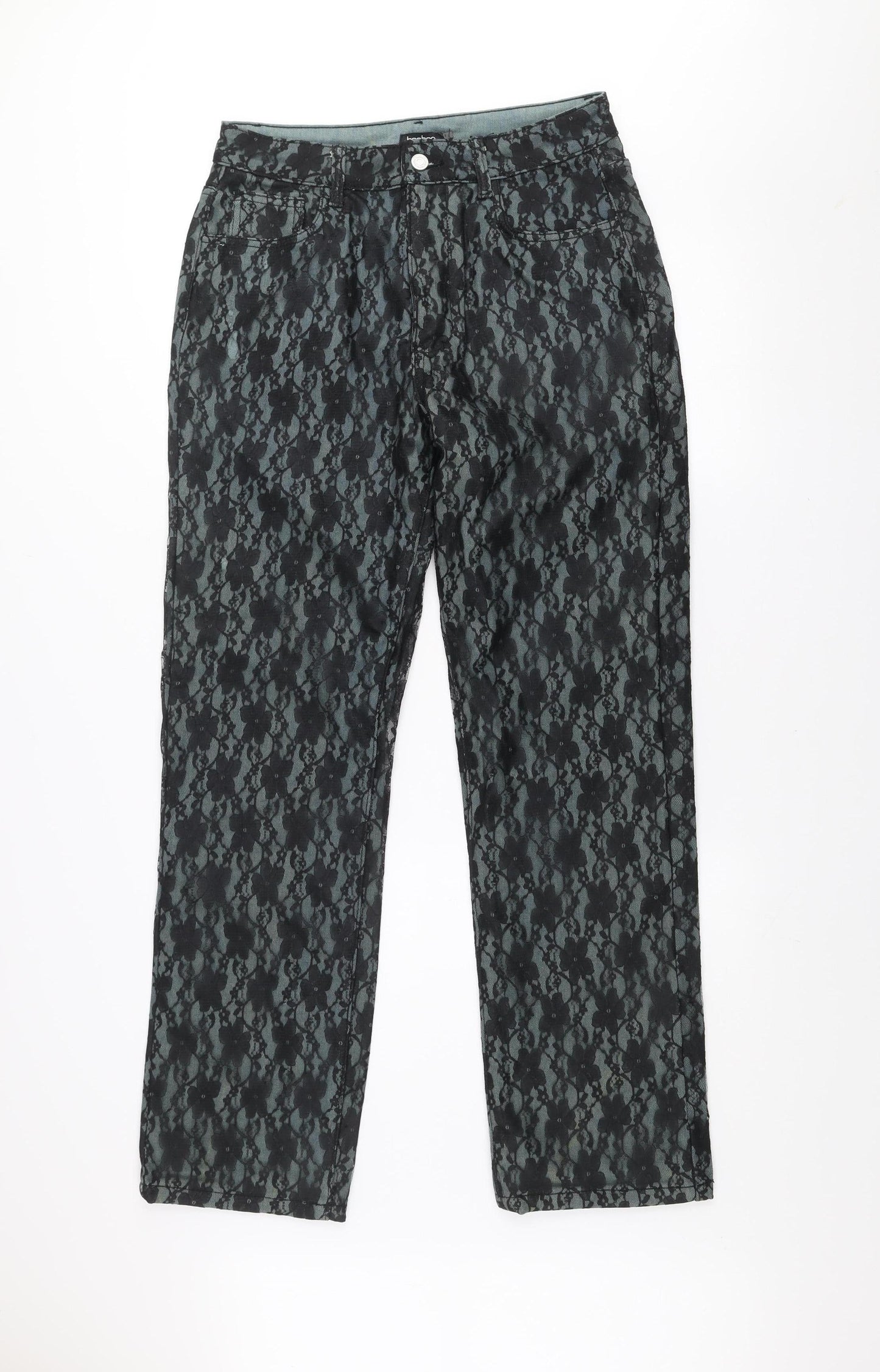 Boohoo Women’s Black Lace Overlay Straight Jeans UK 12 Regular Fit