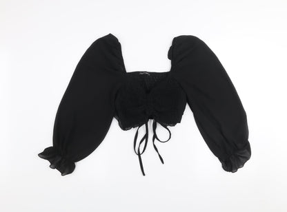 I SAW IT FIRST Women's Black Cropped Puff Sleeve Chiffon Blouse - Size S