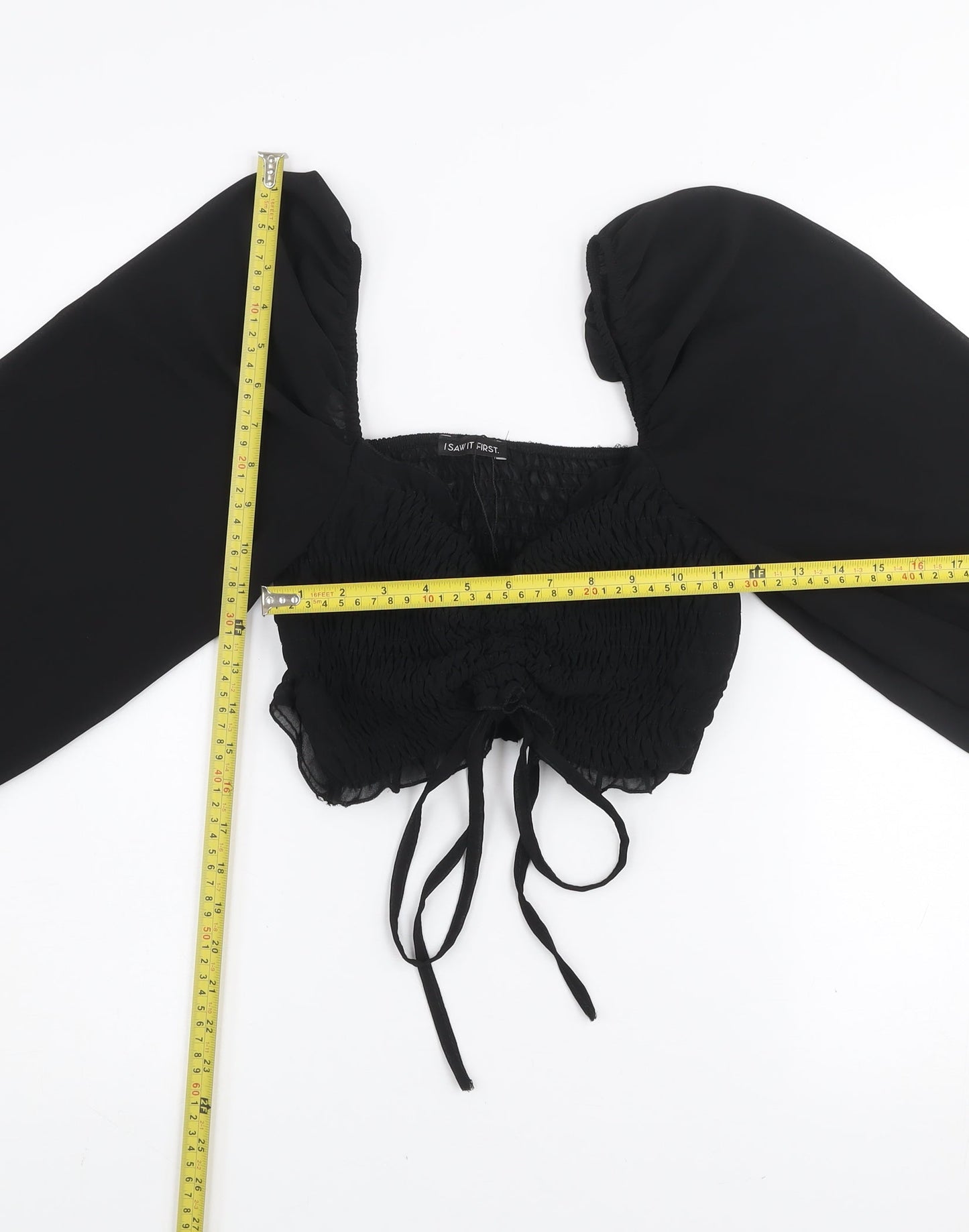 I SAW IT FIRST Women's Black Cropped Puff Sleeve Chiffon Blouse - Size S