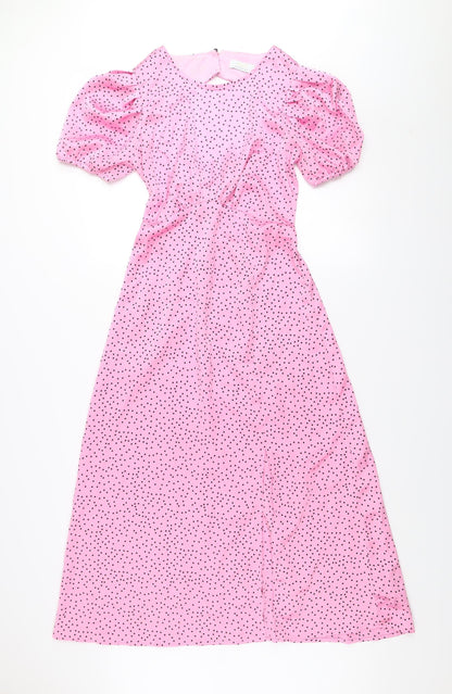 Quiz Women’s Pink Polka Dot Midi Fit & Flare Dress Size 10 Puff Sleeve