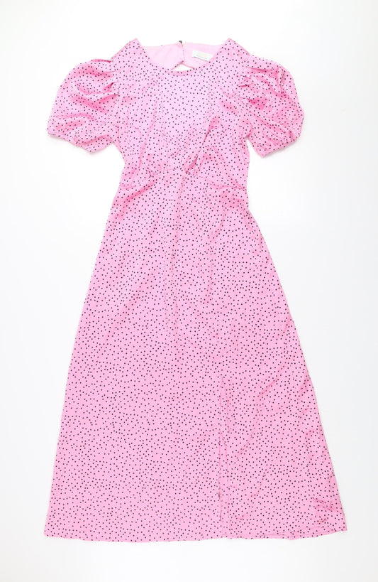 Quiz Women’s Pink Polka Dot Midi Fit & Flare Dress Size 10 Puff Sleeve