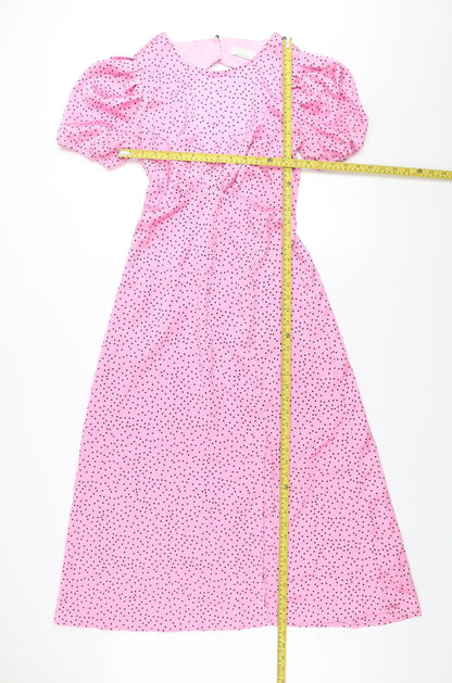 Quiz Women’s Pink Polka Dot Midi Fit & Flare Dress Size 10 Puff Sleeve