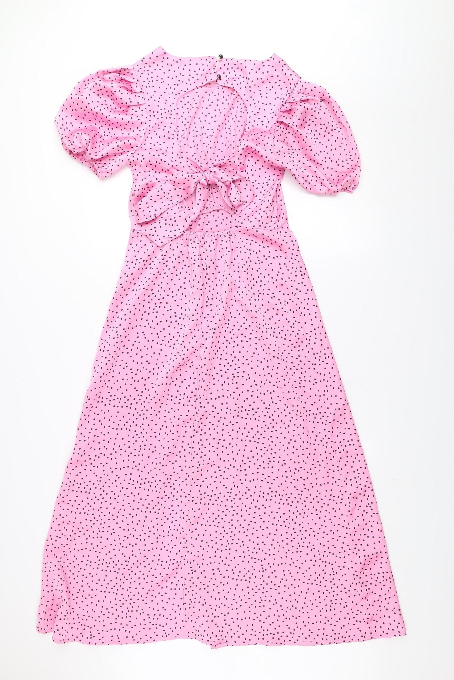 Quiz Women’s Pink Polka Dot Midi Fit & Flare Dress Size 10 Puff Sleeve