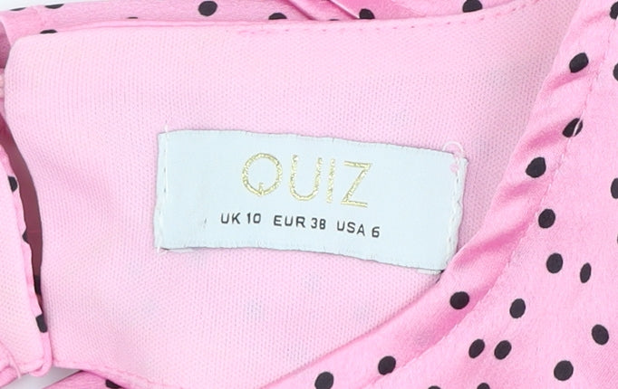 Quiz Women’s Pink Polka Dot Midi Fit & Flare Dress Size 10 Puff Sleeve