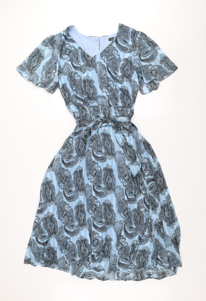 AKOZ De Toi Women’s Blue Paisley A-Line V-Neck Belted Dress XL