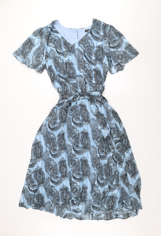 AKOZ De Toi Women’s Blue Paisley A-Line V-Neck Belted Dress XL