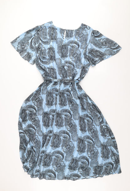 AKOZ De Toi Women’s Blue Paisley A-Line V-Neck Belted Dress XL