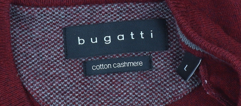Bugatti Men's Red Cotton Cashmere V-Neck Jumper Size L