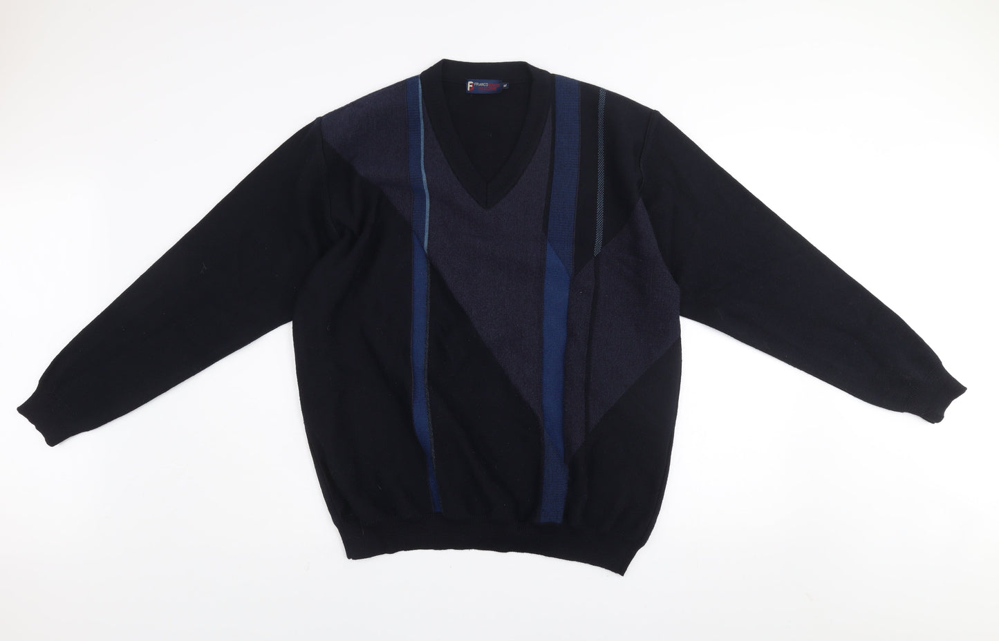 Franco Bencini Collezione Men's Blue Geometric V-Neck Wool Blend Jumper XL