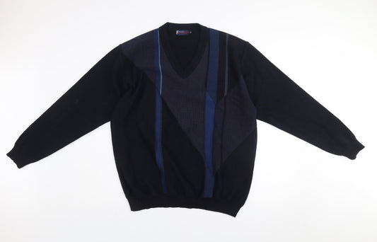 Franco Bencini Collezione Men's Blue Geometric V-Neck Wool Blend Jumper XL