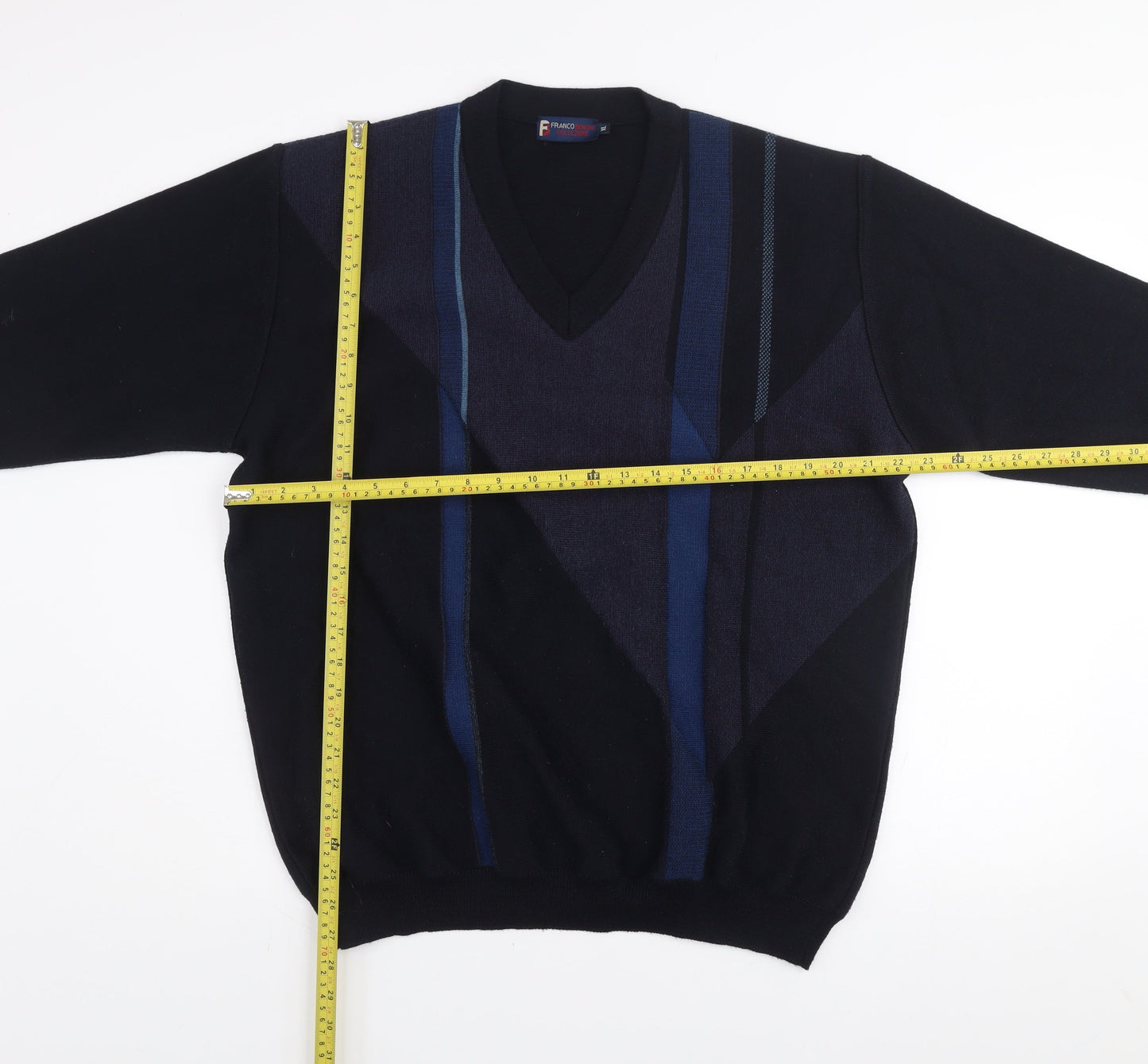 Franco Bencini Collezione Men's Blue Geometric V-Neck Wool Blend Jumper XL