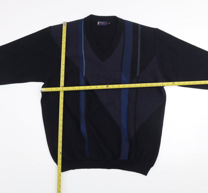 Franco Bencini Collezione Men's Blue Geometric V-Neck Wool Blend Jumper XL