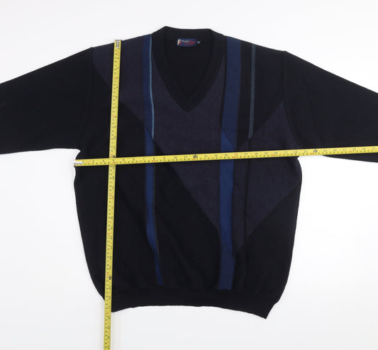 Franco Bencini Collezione Men's Blue Geometric V-Neck Wool Blend Jumper XL