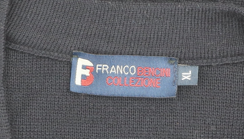 Franco Bencini Collezione Men's Blue Geometric V-Neck Wool Blend Jumper XL