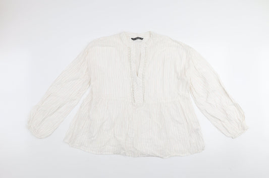 Dunnes Women Ivory Striped Cotton Tunic Blouse Size M