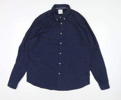 Burton Menswear London Men's Blue Geometric Button-Down Long Sleeve Cotton Shirt XL