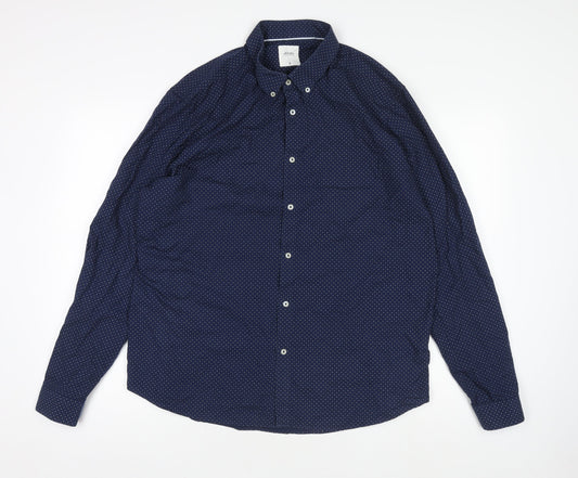 Burton Menswear London Men's Blue Geometric Button-Down Long Sleeve Cotton Shirt XL