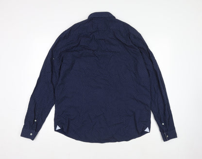 Burton Menswear London Men's Blue Geometric Button-Down Long Sleeve Cotton Shirt XL