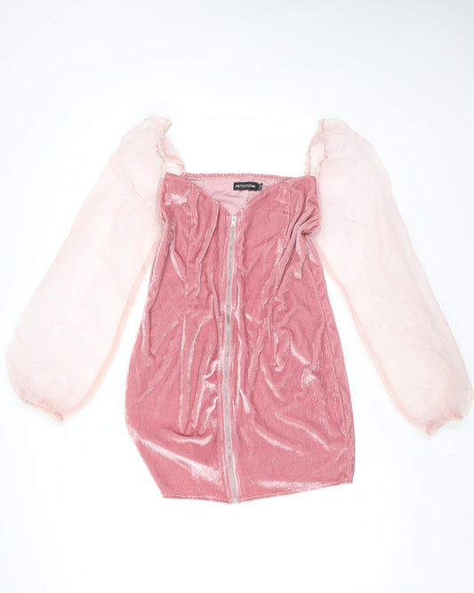 PrettyLittleThing Women’s Pink Velvet Puff Sleeve Bodycon Dress Size 14