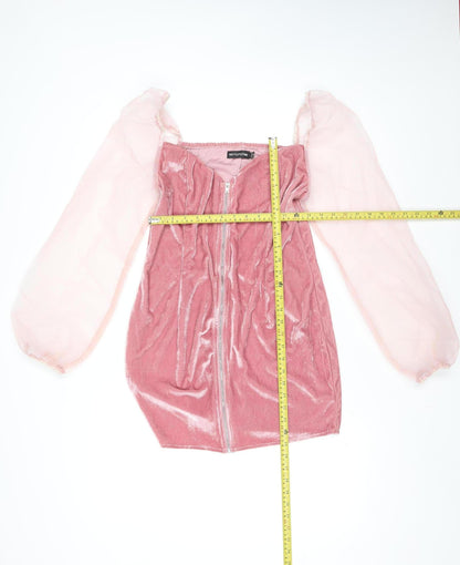 PrettyLittleThing Women’s Pink Velvet Puff Sleeve Bodycon Dress Size 14