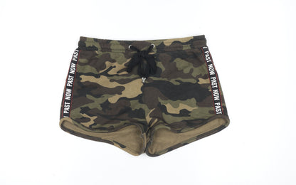 Bershka Women Brown Camouflage Sweat Shorts L Drawstring Cotton Blend