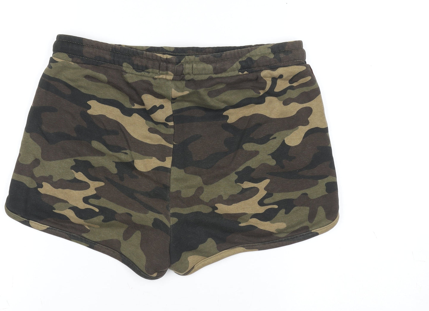 Bershka Women Brown Camouflage Sweat Shorts L Drawstring Cotton Blend