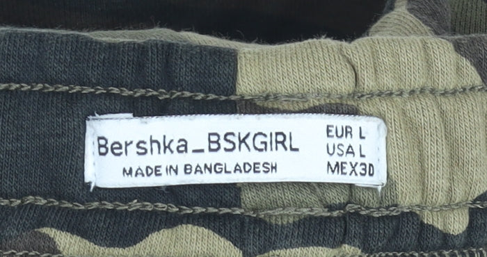 Bershka Women Brown Camouflage Sweat Shorts L Drawstring Cotton Blend