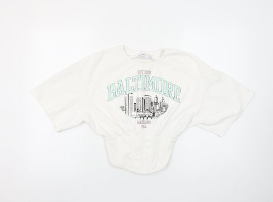 Bershka Womens White Cropped Baltimore Short Sleeve T-Shirt Size S