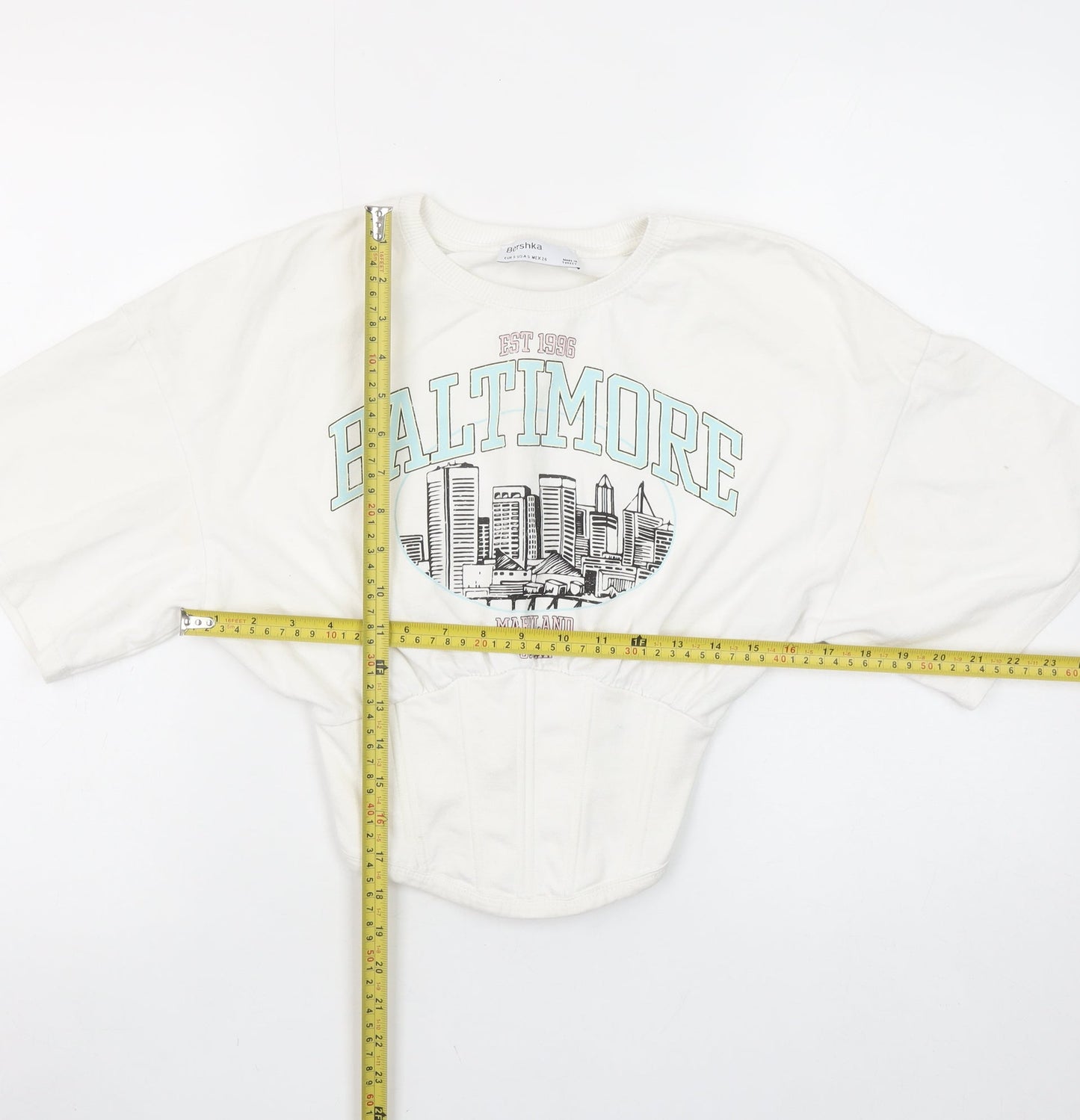 Bershka Womens White Cropped Baltimore Short Sleeve T-Shirt Size S