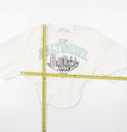 Bershka Womens White Cropped Baltimore Short Sleeve T-Shirt Size S