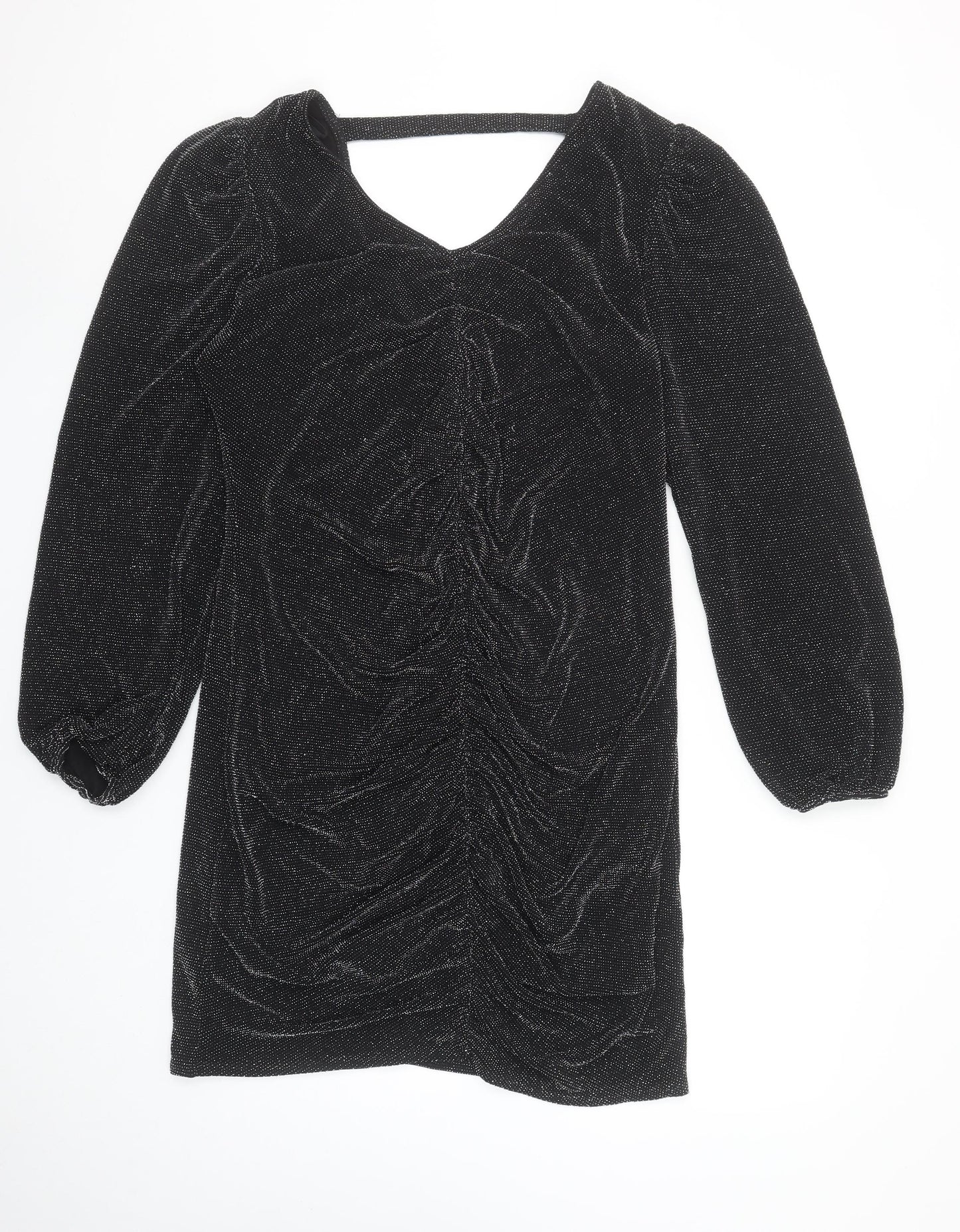 Wallis Women’s Black Glitter Ruched Bodycon Knee Length Dress Size 14