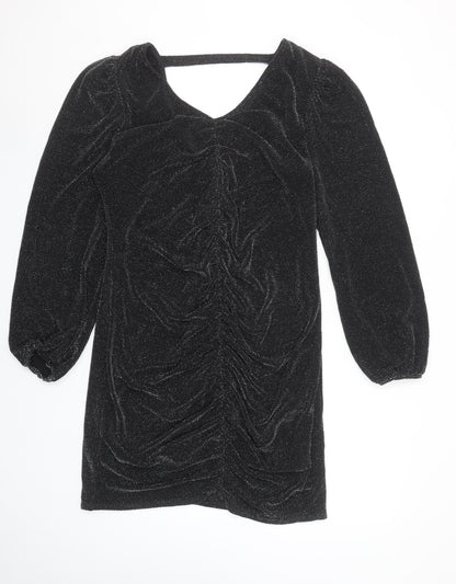 Wallis Women’s Black Glitter Ruched Bodycon Knee Length Dress Size 14